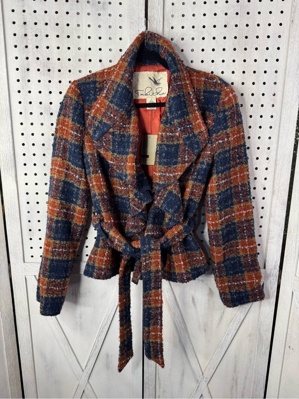 Tabitha Wool Blend Plaid Tie Waist Blazer Jacket Navy Rust Orange Size 6 NWT - Picture 3 of 12